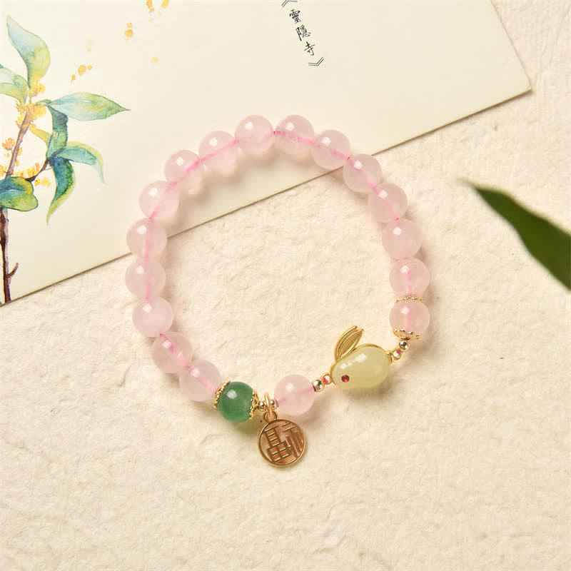 Pulsera de conejito de amor y felicidad con ágata verde y cristal rosa natural del año del conejo