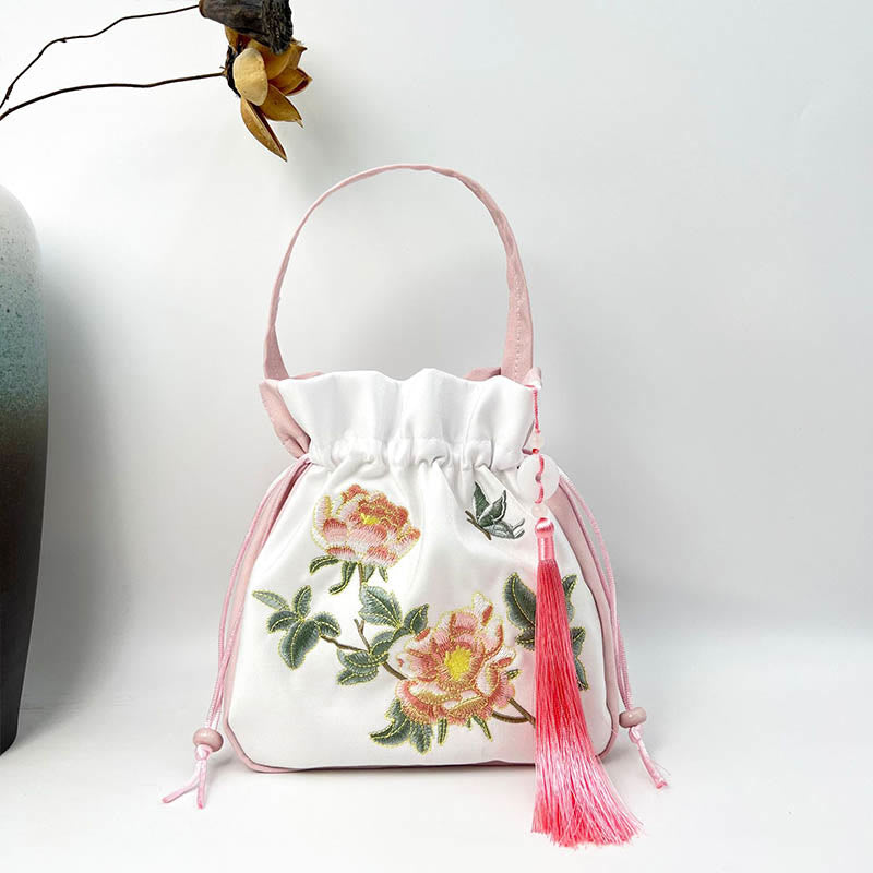 Mythstone Embroidered Osmanthus Peony Grape Cat Cotton Linen Tote Crossbody Bag Shoulder Bag Handbag