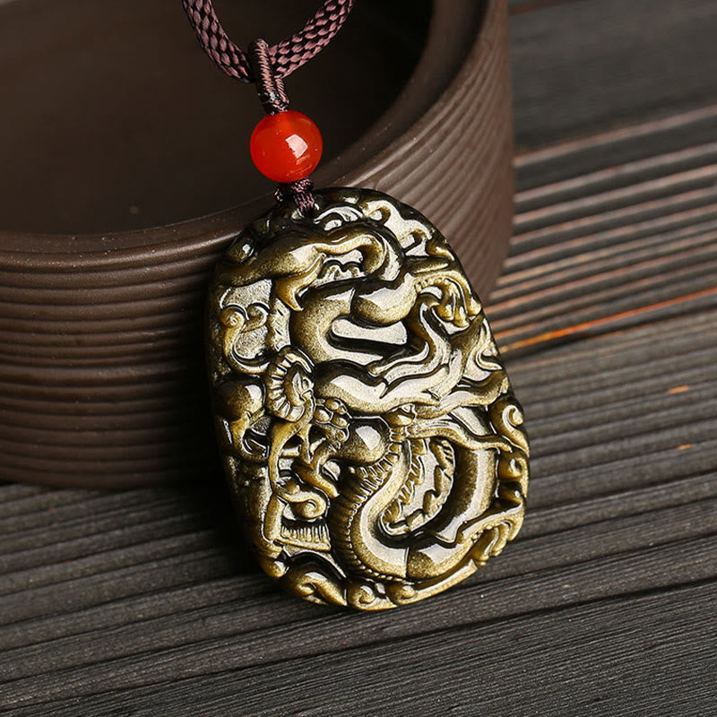 Mythstone Gold Sheen Obsidian Dragon Pattern Success Necklace Pendant