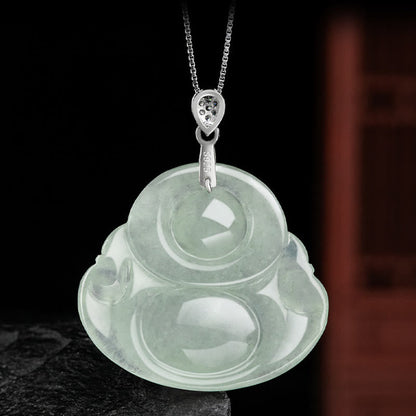 Mythstone 925 Sterling Silver Natural Jade Laughing Buddha Prosperity Abundance Chain Necklace Pendant