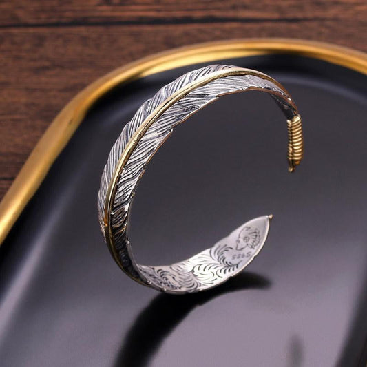 Mythstone Feather Pattern Carved Luck Wealth Cuff Bracelet Bangle