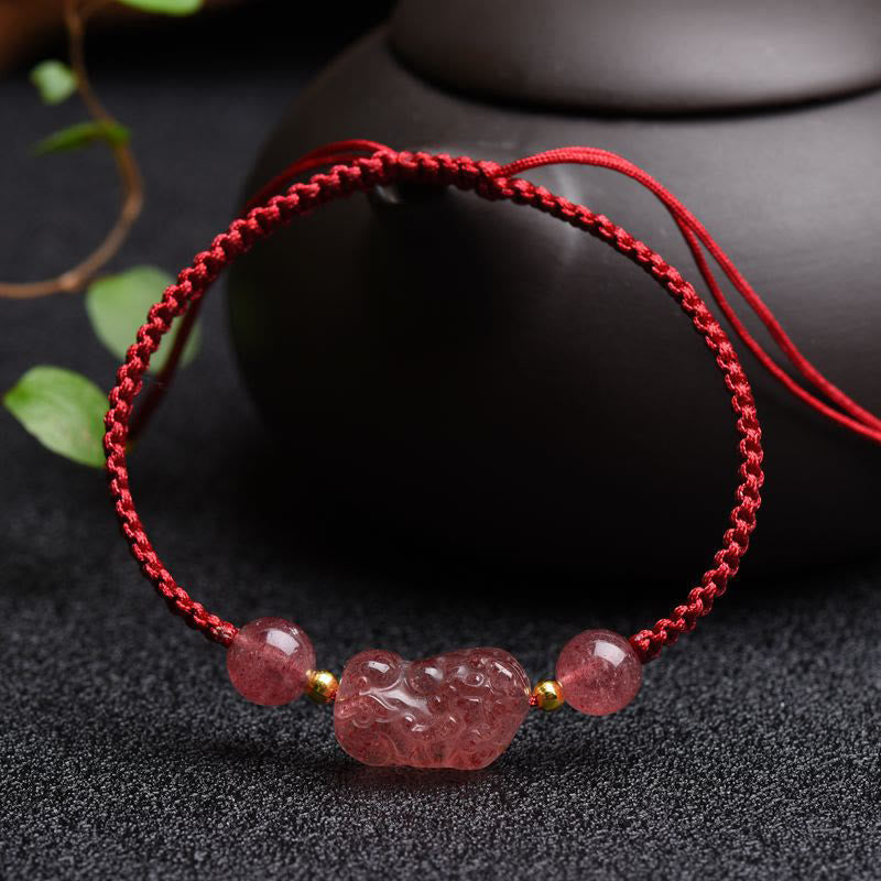 Mythstone Natural Strawberry Quartz PiXiu Lucky Red String Bracelet