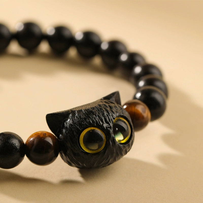 Mythstone Cute Ebony Wood Cat Head Pattern Peace Bracelet