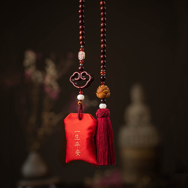 Mythstone Tibetan Small Leaf Red Sandalwood Lotus Cinnabar Sachet Protection Tassel Car Hanging Decoration