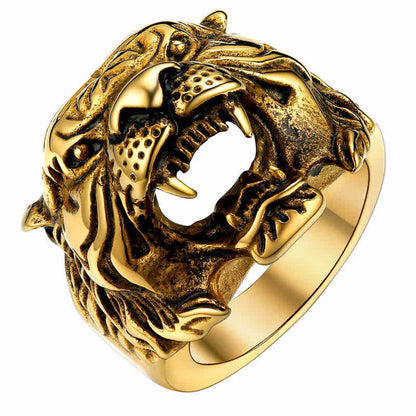 Mythstone Men's Animal Tiger Head Titanium Steel Balance Calm Punk Rock Biker Ring