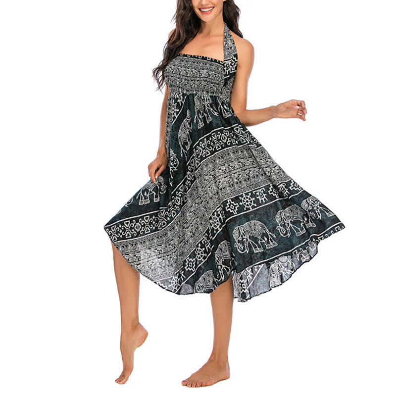 Mythstone Two Style Wear Boho Elephant Geometry Lace-up Skirt Dress