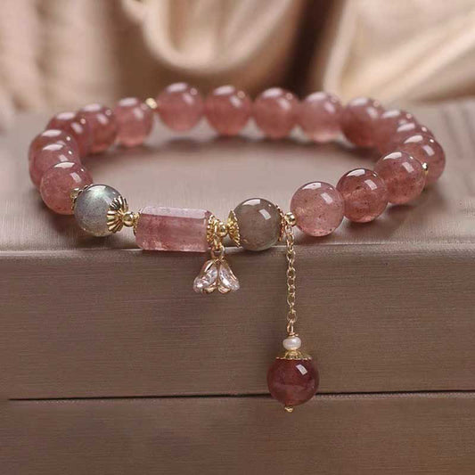 Mythstone Natural Strawberry Quartz Zircon Flower Positive Charm Bracelet