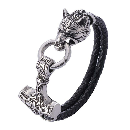 Mythstone Wolf Head Titanium Steel Leather Weave Blessing Bracelet