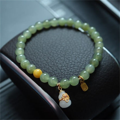 Mythstone 925 Sterling Silver Plated Gold Natural Hetian Jade Bead Gourd Lotus Bamboo Fu Character Luck Bracelet