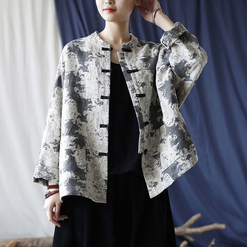 Mythstone Black Gray Print Frog-button Design Long Sleeve Cotton Linen Jacket Shirt With Pockets