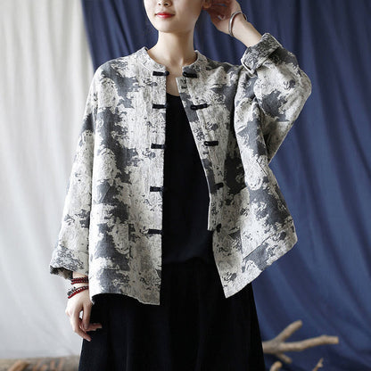 Mythstone Black Gray Print Frog-button Design Long Sleeve Cotton Linen Jacket Shirt With Pockets