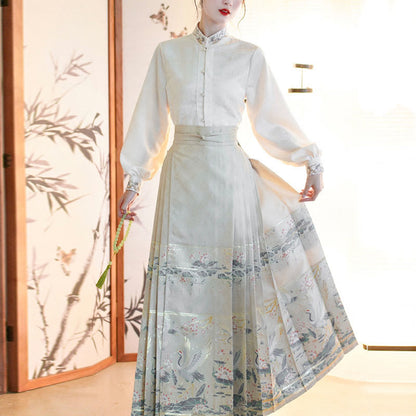 Mythstone Long Sleeve Shirt Top Chinese Hanfu Crane Lotus Printed Horse Face Skirt Mamianqun