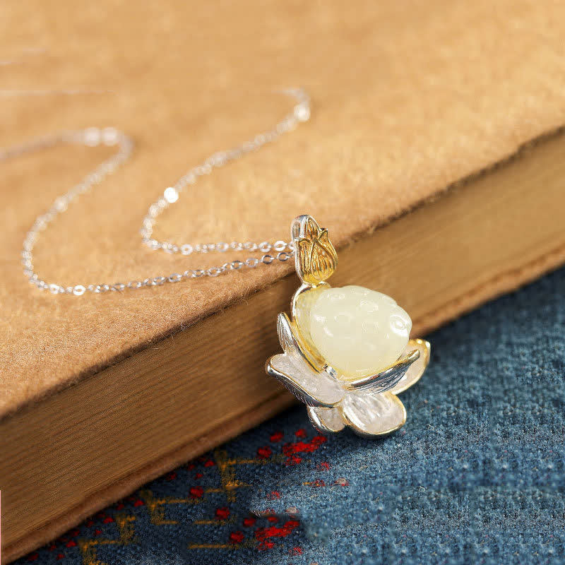 Mythstone White Jade Lotus Flower Happiness Necklace