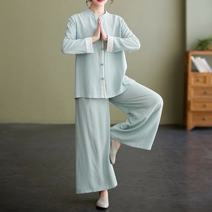 Mythstone 2Pcs Tang Suit Long Sleeve Shirt Top Pants Meditation Zen Tai Chi Cotton Linen Clothing Women's Set