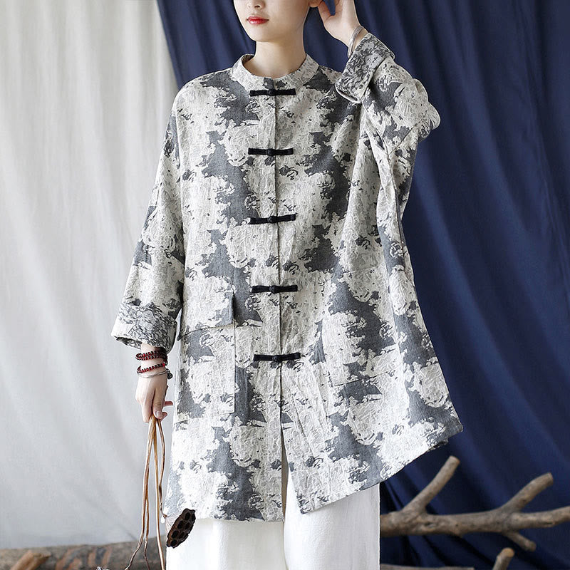 Mythstone Black Gray Beige Print Frog-button Design Long Sleeve Cotton Linen Jacket Shirt With Pockets