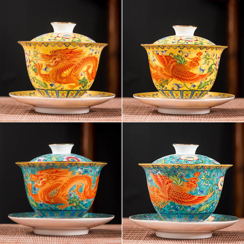 Mythstone Dragon Phoenix Flower Design Ceramic Gaiwan Sancai Teacup Kung Fu Tea Cup And Saucer With Lid