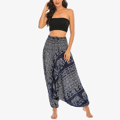 Mythstone Two Style Wear Elephant Pattern Loose Smocked Harem Trousers Jumpsuit Women's Yoga Pants