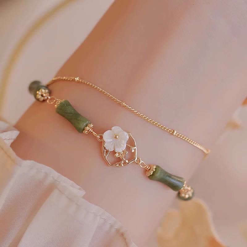 Mythstone 14k Gold Plated Copper Peridot Bamboo Flower Wealth Double Layer Bracelet