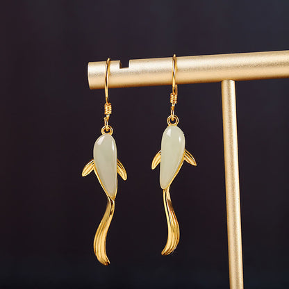 Fish Pattern Jade Luck Dangle Drop Earrings