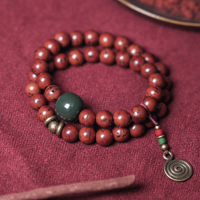 Pulsera de cobre y jade cian con semilla de Bodhi y piedra mitológica para la suerte y la paz 