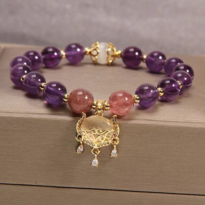 Mythstone Natural Amethyst Strawberry Quartz Cat Eye Chinese Lock Charm Healing Bracelet