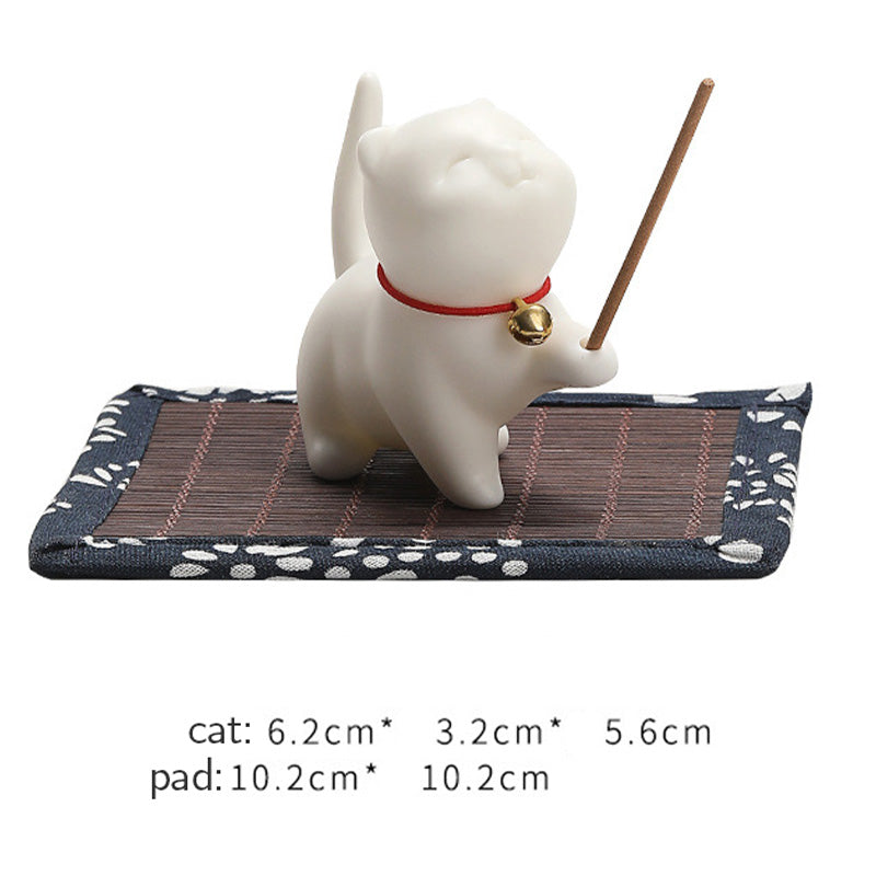 Mythstone Mini Lucky Cat Kitten Tea Pet Ceramic Home Desk Figurine Decoration With Bamboo Mat