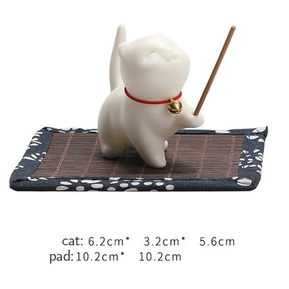 Mythstone Mini Lucky Cat Kitten Tea Pet Ceramic Home Desk Figurine Decoration With Bamboo Mat