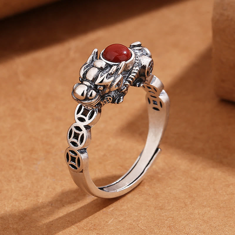 Mythstone PiXiu Copper Coin Red Agate Wealth Luck Ring