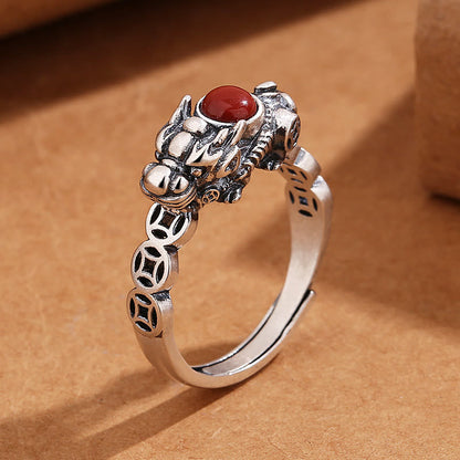 Mythstone PiXiu Copper Coin Red Agate Wealth Luck Ring