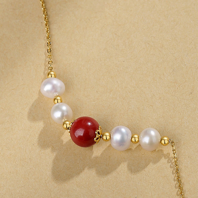 Mythstone 925 Sterling Silver Pearl Cinnabar Sincerity Healing Bead Chain Necklace Pendant