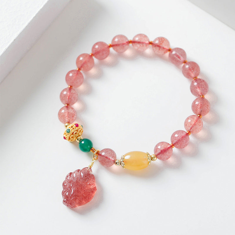 Mythstone Natural Strawberry Quartz Nine-Tailed Fox Healing Bracelet