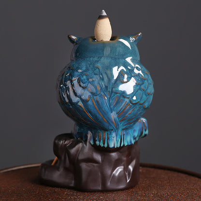 Mythstone Cute Owl Ceramic Backflow Smoke Fountain Meditation Healing Incense Burner Decoration