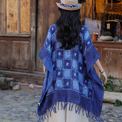 Mythstone Blue Color Block Plaid Shawl Tassels Soft Pullover 90*95cm