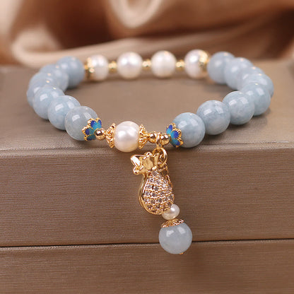 MythStone Aquamarine Pearl Fortune Money Bag Charm Bracelet