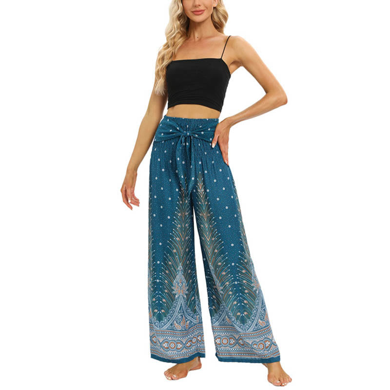 Mythstone Boho Peacock Feathers Lace-up Wide Leg Pants Women's Yoga Pants