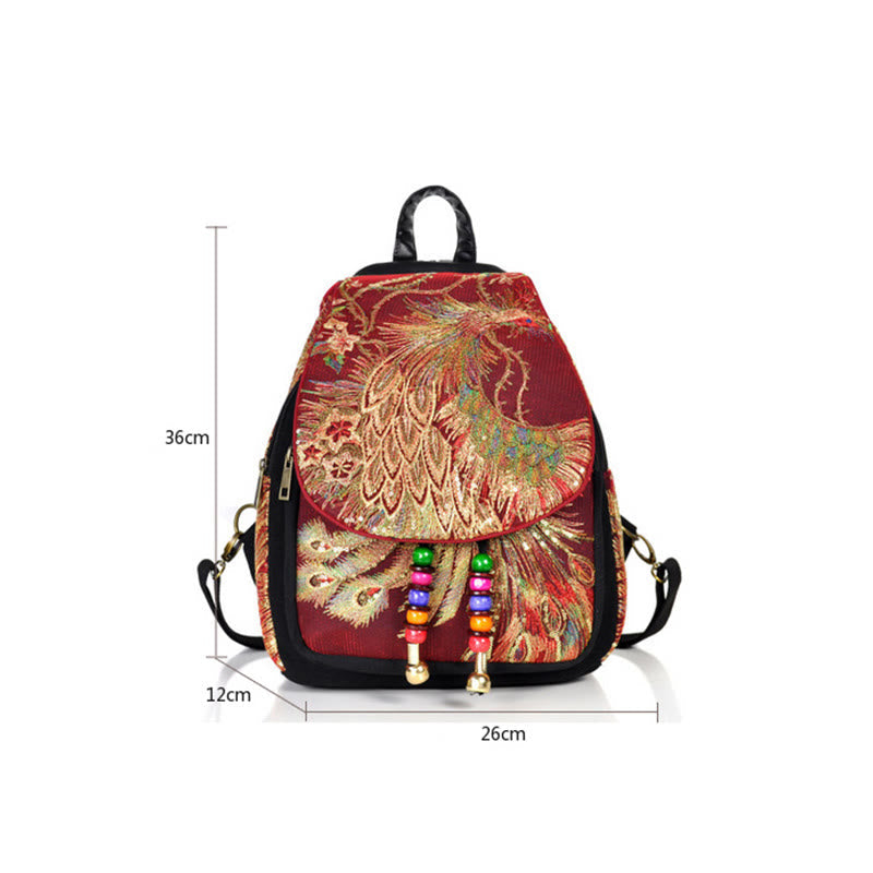 Mythstone Peacock Embroidery Canvas Tassel Backpack