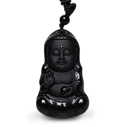 Mythstone Natural Black Obsidian Crystal Buddha Strength Protection Amulet Lucky Charm Pendant Necklace