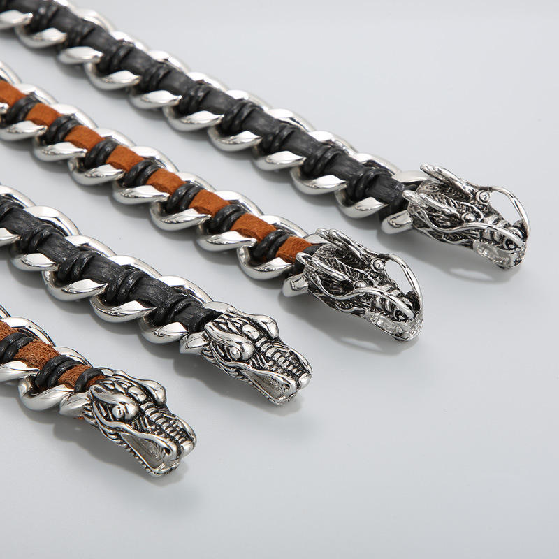 Mythstone Dragon Leather Titanium Steel Protection Luck Braided Bracelet