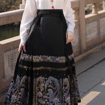 Mythstone Chinese Hanfu Phoenix Feathers Printed Horse Face Skirt Mamianqun