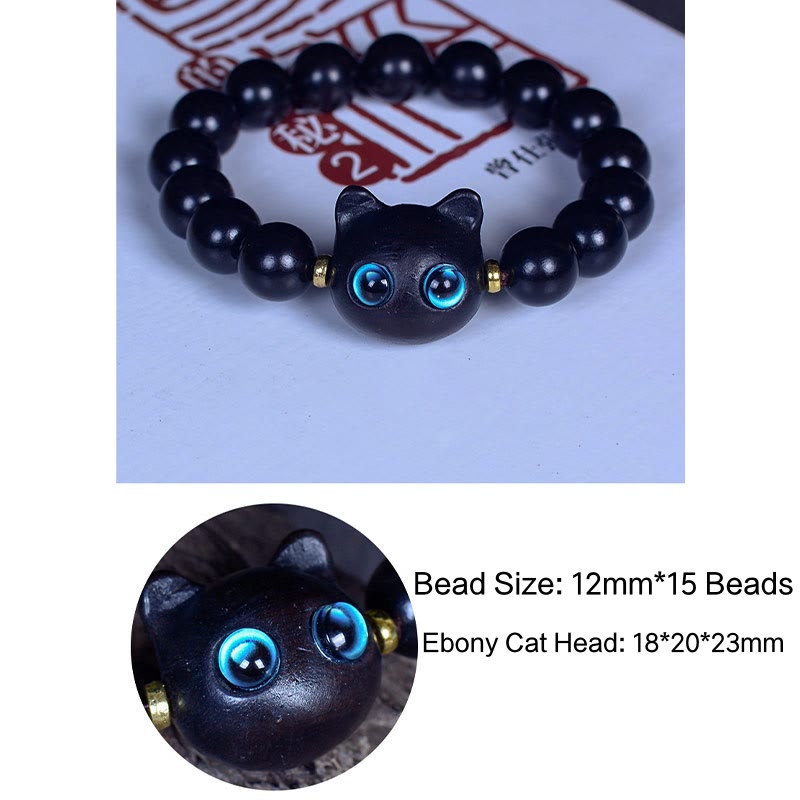 Pulsera de equilibrio de paz con forma de gato encantador de madera de ébano y cristal de Liuli Mythstone 