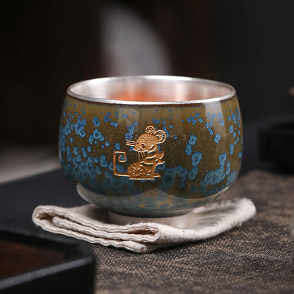 Mythstone 999 Gilt Silver Gilt Chinese Zodiac Ceramic Teacup Kung Fu Tea Cup 160ml