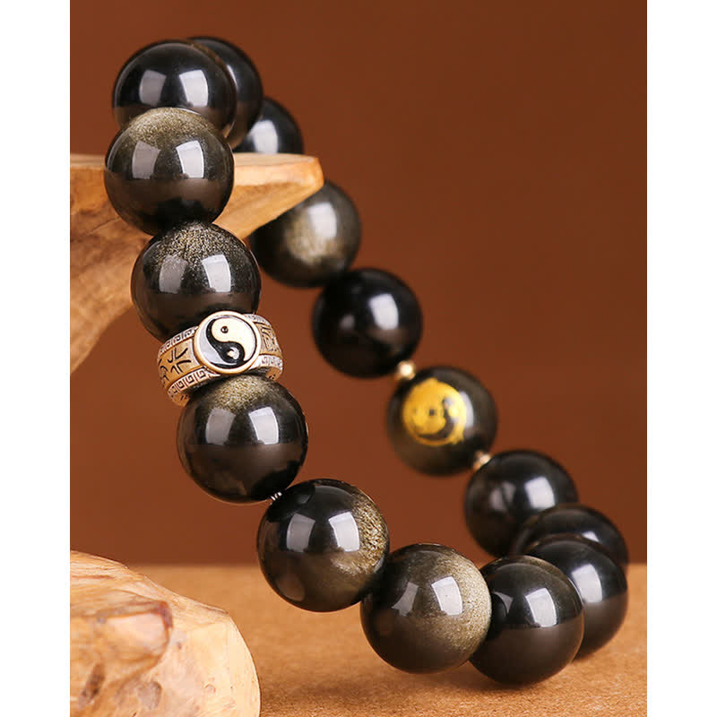 Mythstone 925 Sterling Silver Black Obsidian Gold Sheen Obsidian Silver Sheen Obsidian Yin Yang Protection Bracelet