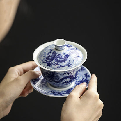 Mythstone Blue and White Dragon Pattern Porcelain Gaiwan Sancai Teacup Kung Fu Tea Cup And Saucer With Lid