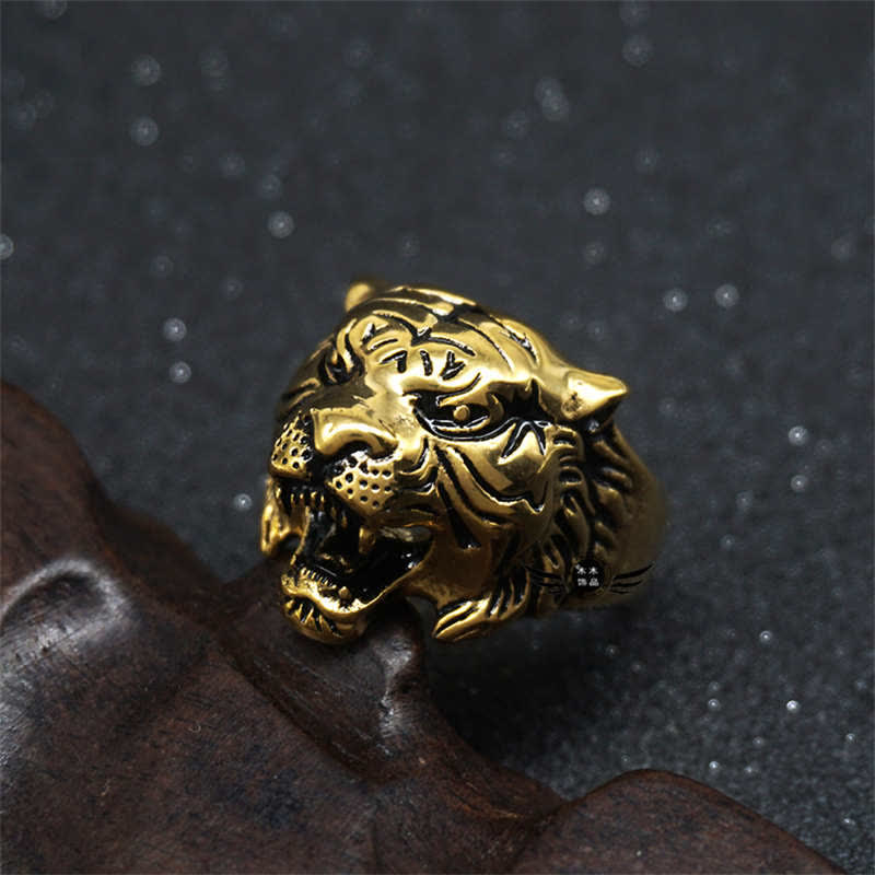 Mythstone Men's Animal Tiger Head Titanium Steel Balance Calm Punk Rock Biker Ring