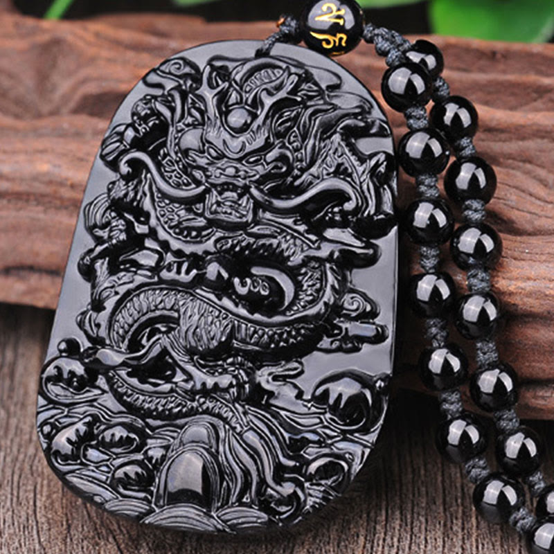 Mythstone Black Obsidian Stone Dragon Fulfilment Pendant Necklace