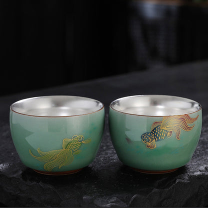 Mythstone 999 Sterling Silver Gilding Butterfly Goldfish Lotus Koi Fish Ceramic Teacup Kung Fu Tea Cup 120ml