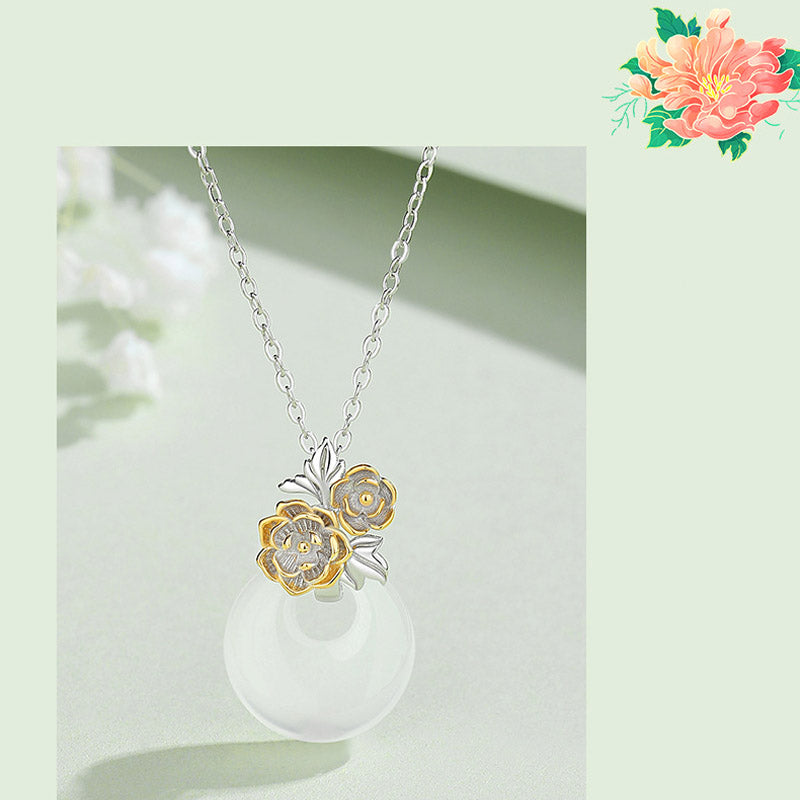 Mythstone 925 Sterling Silver Round Chalcedony Twelve Months Flower Harmony Necklace Pendant