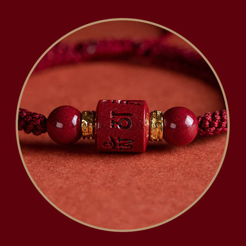 Pulsera trenzada con bendición grabada Om Mani Padme Hum y cinabrio tibetano Mythstone 