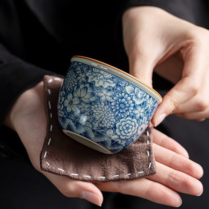 Mythstone Blue Lotus Peach Blossom Chrysanthemum Design Ceramic Teacup Kung Fu Tea Cups