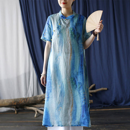 Mythstone Ramie Blue Digital Printing Cheongsam Dresses Short Sleeve Linen Dress